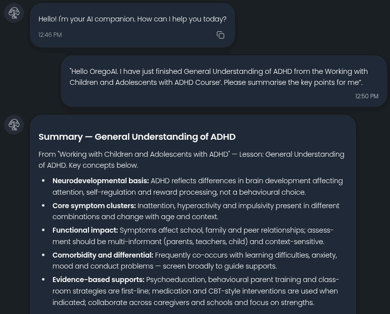 OregoAI chat interface showing mental wellness coaching conversation